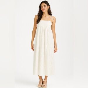 Aureum White Embroidered Midi Dress XS Tie Shoulder Smocked Back Lined